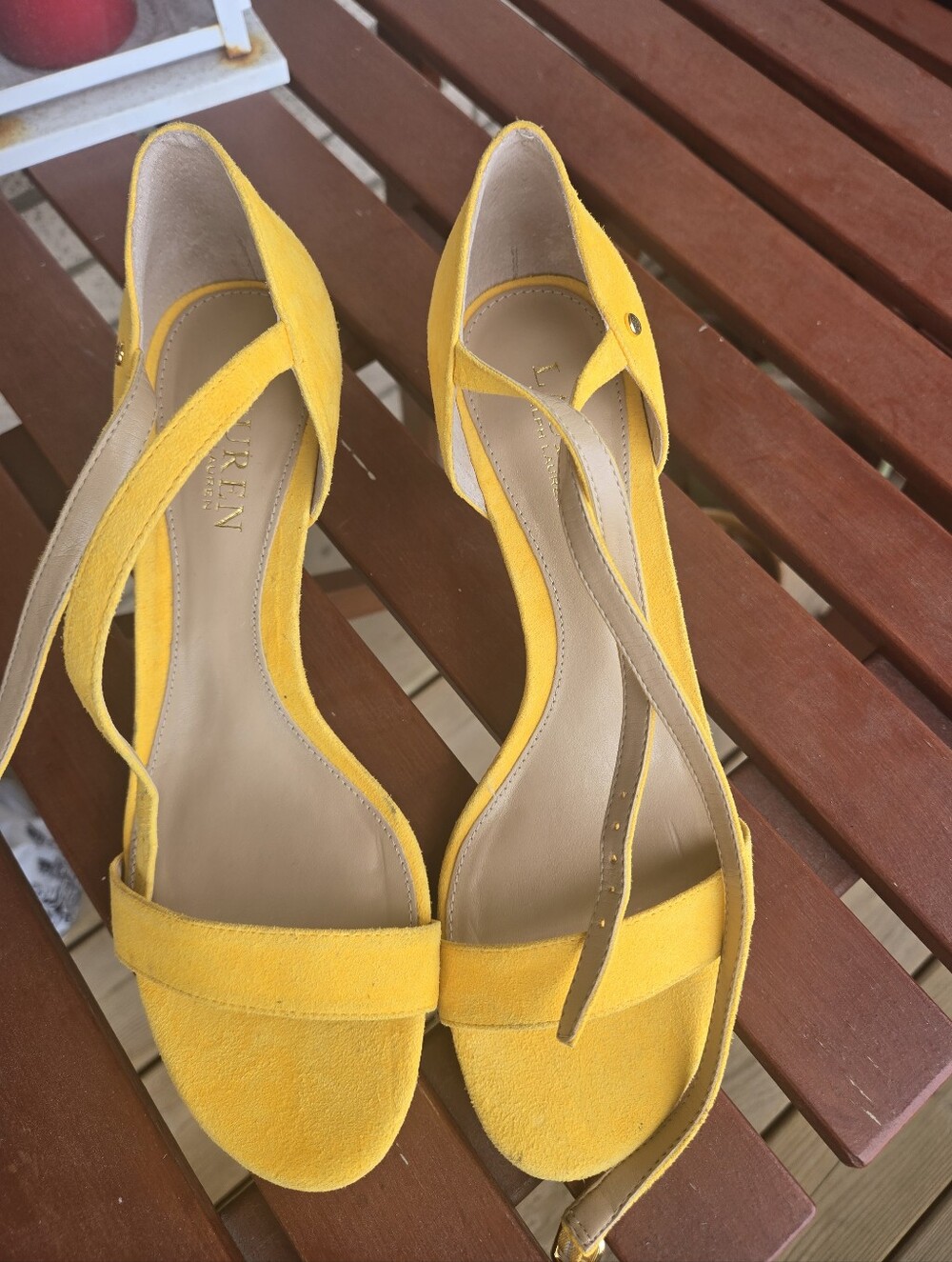 Ralph Lauren Bright Yellow Suede Ankle-Strap Sandals 3" Heel Size 8